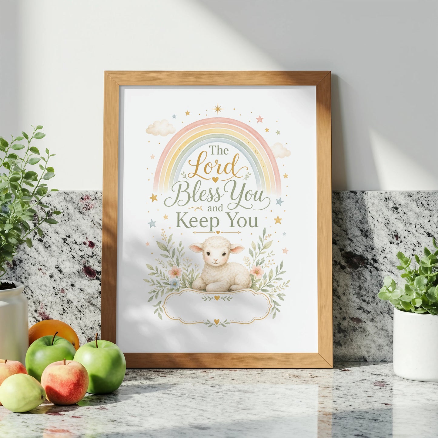 Framed print with a rainbow, lamb, and the text "The Lord Bless You and Keep You."