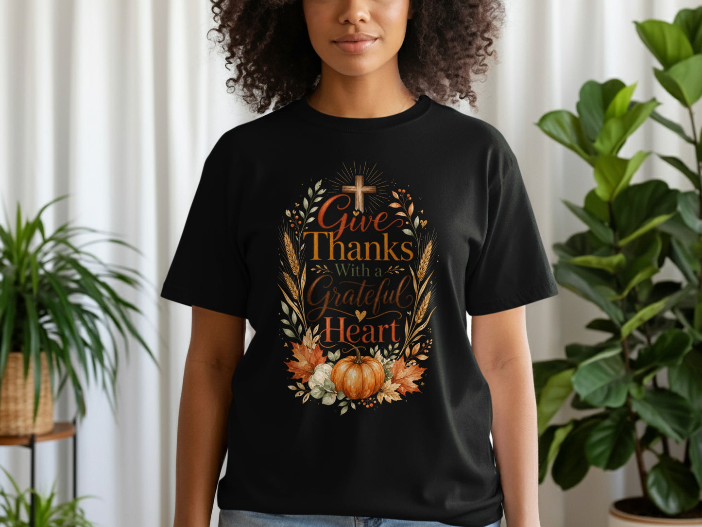 Black t-shirt with Thanksgiving graphic: "Give Thanks With a Grateful Heart."