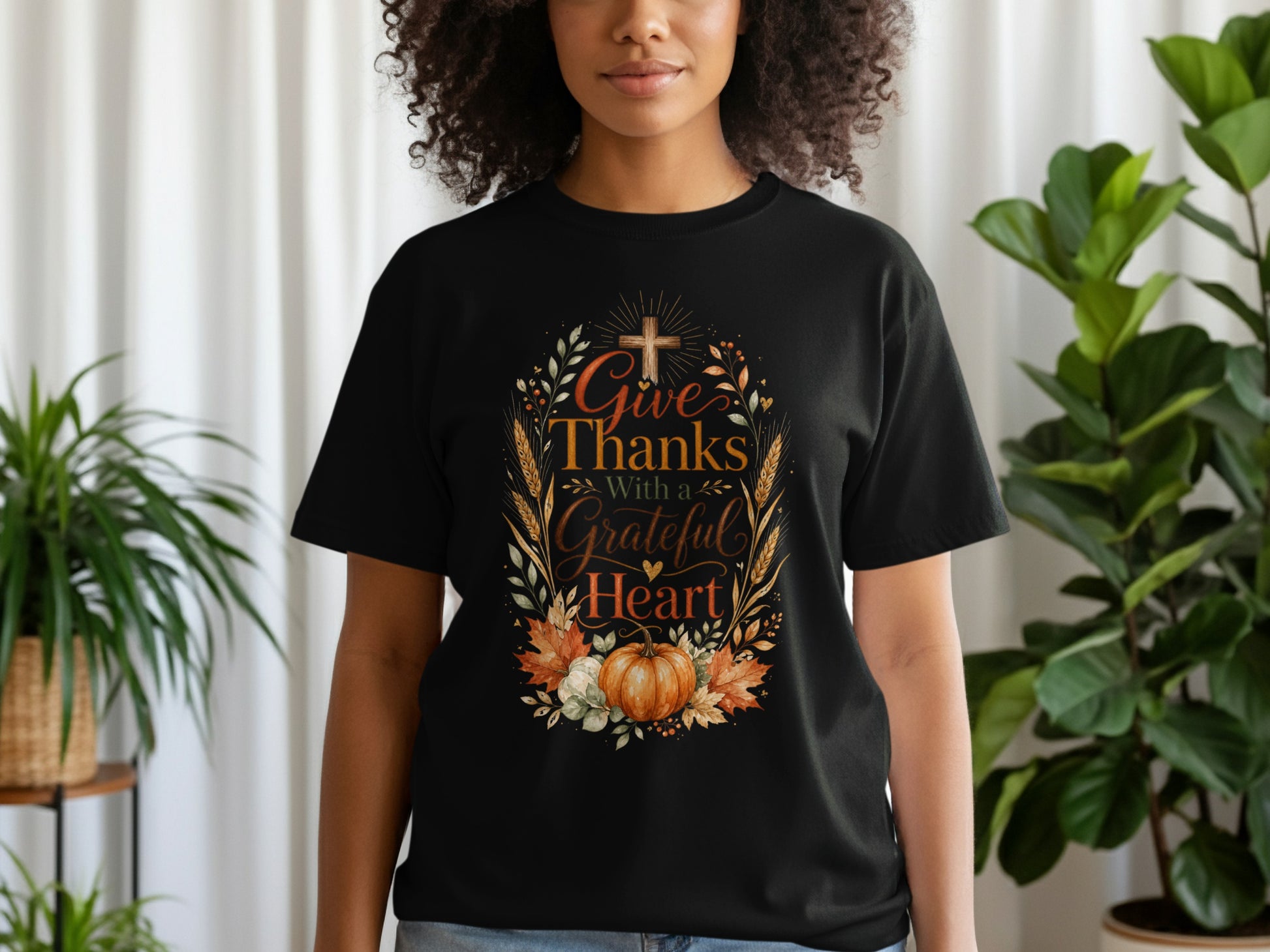 Black t-shirt with Thanksgiving graphic: "Give Thanks With a Grateful Heart."