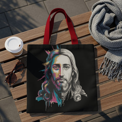 Tote bag with a colorful half-face sketch of Jesus on a black background.
