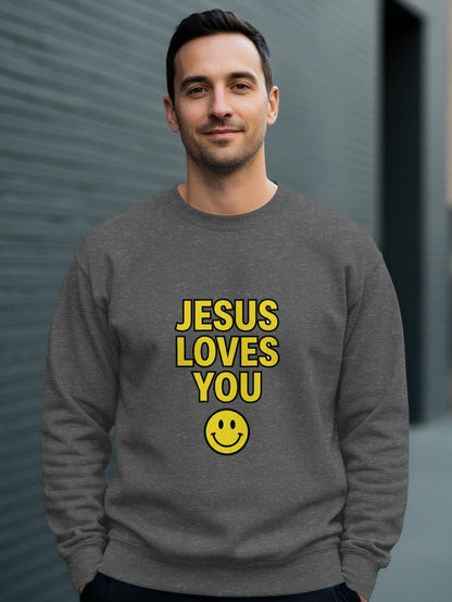 Grey sweatshirt with "JESUS LOVES YOU" and a yellow smiley face.