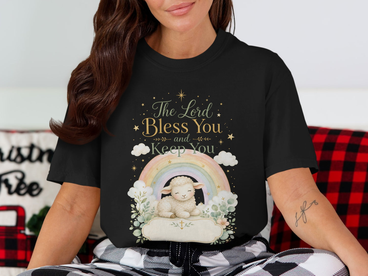 Black t-shirt with "The Lord Bless You and Keep You" text and a lamb on a rainbow.