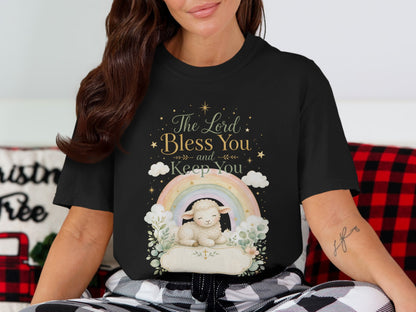 Black t-shirt with "The Lord Bless You and Keep You" text and a lamb on a rainbow.