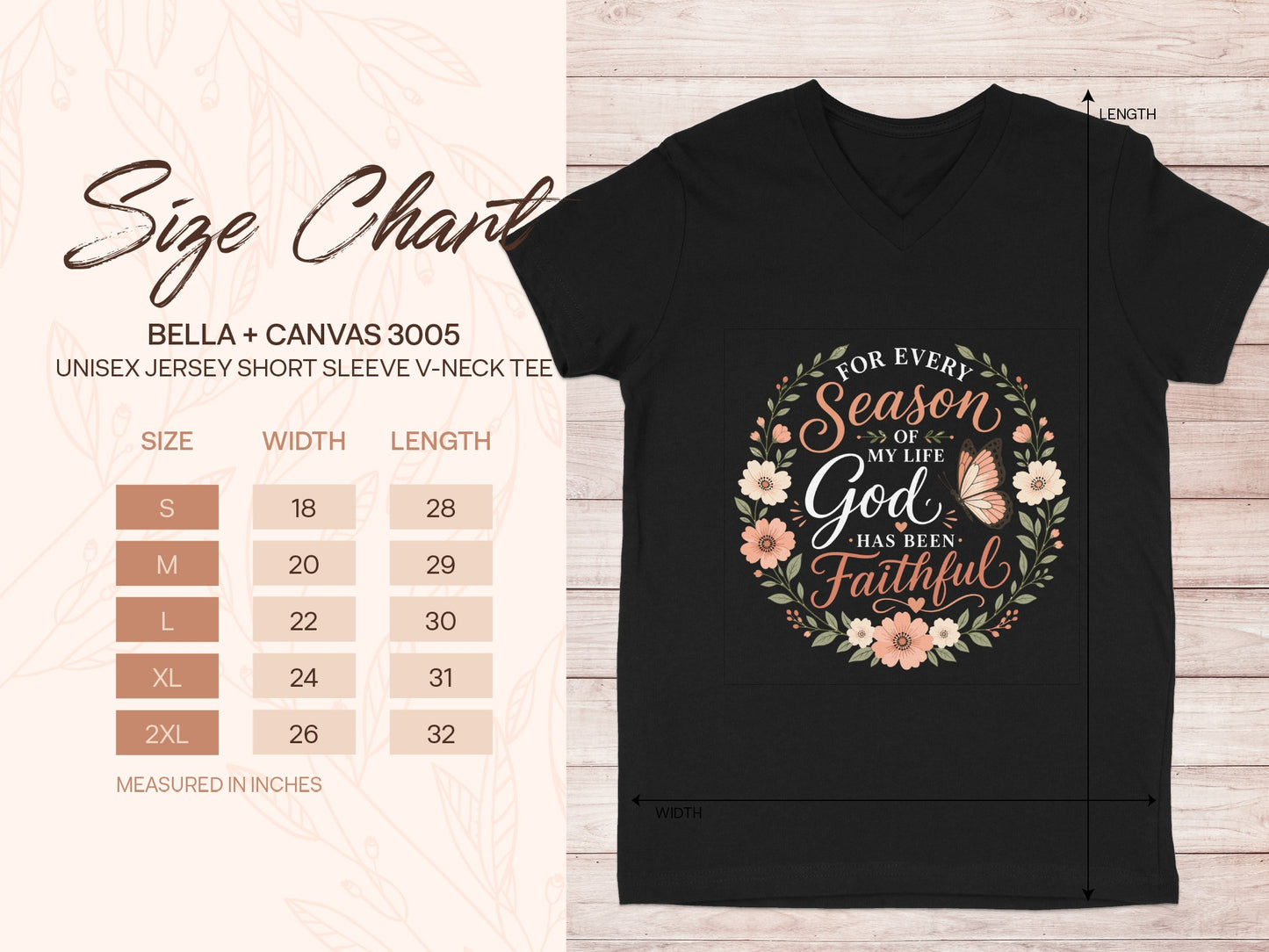 Size chart for BELLA+CANVAS 3005 unisex jersey v-neck tee.