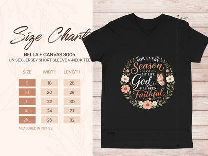 Size chart for BELLA+CANVAS 3005 unisex jersey v-neck tee.