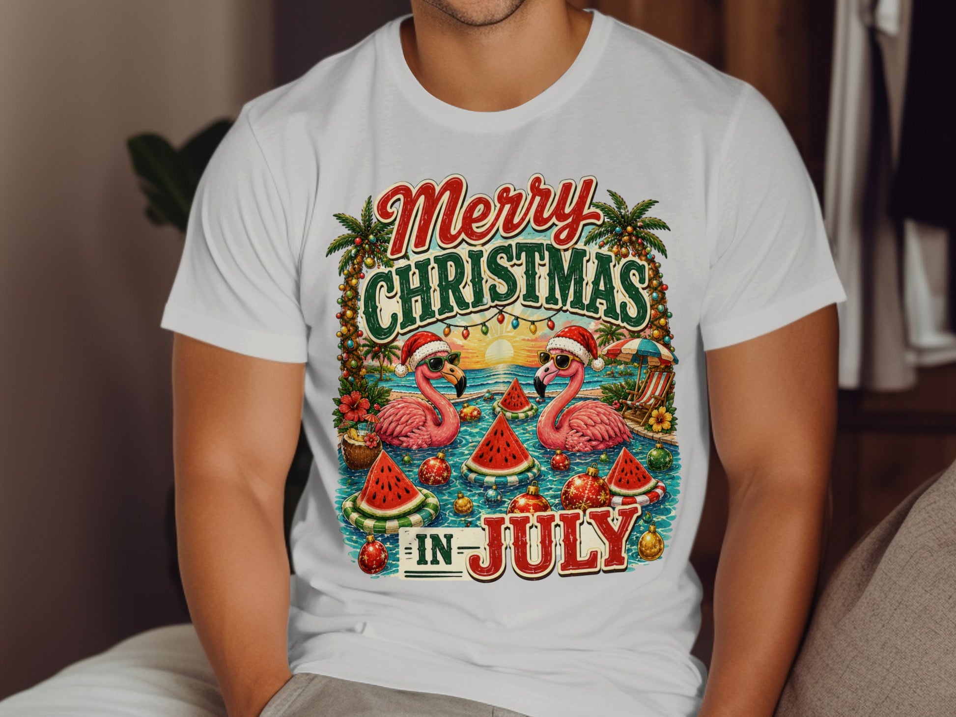 Merry Christmas in July text with two flamingos wearing Santa hats.
