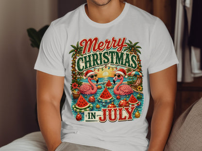 Merry Christmas in July text with two flamingos wearing Santa hats.