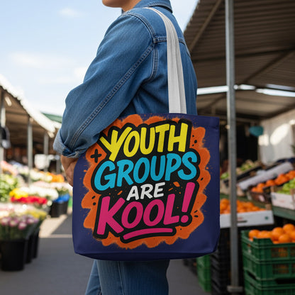 Tote bag with "Youth Groups Are Kool!" in colorful graffiti-style lettering.
