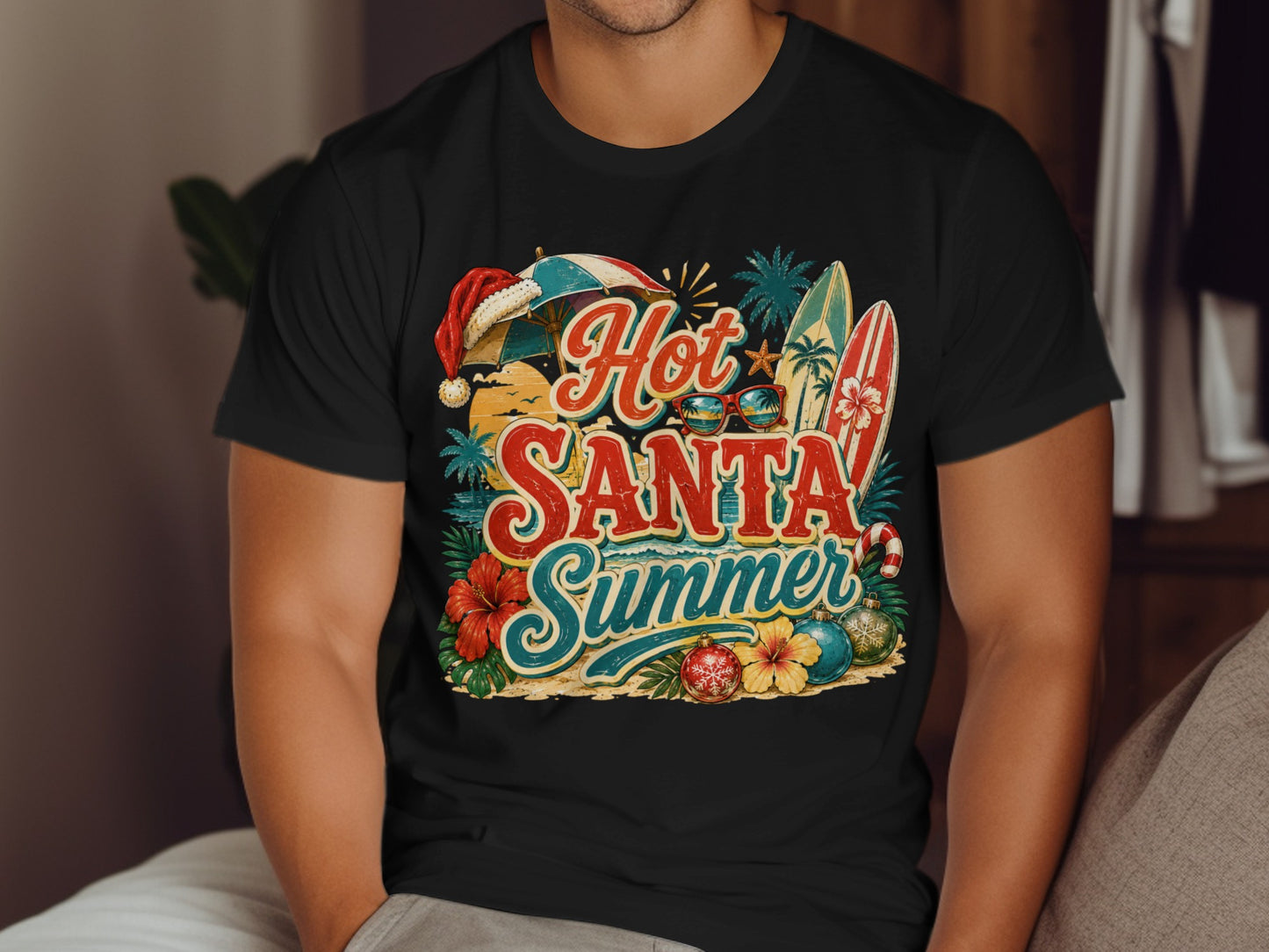 Hot Santa Summer graphic tee with beach elements and sunglasses.