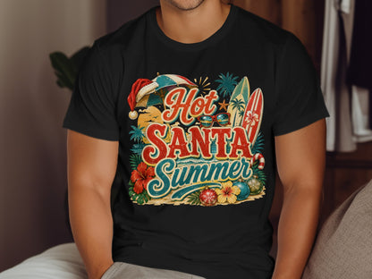 Hot Santa Summer graphic tee with beach elements and sunglasses.