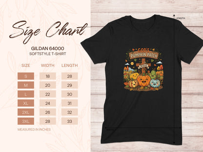 Gildan 64000 size chart for God's Pumpkin Patch Jesus t-shirt.