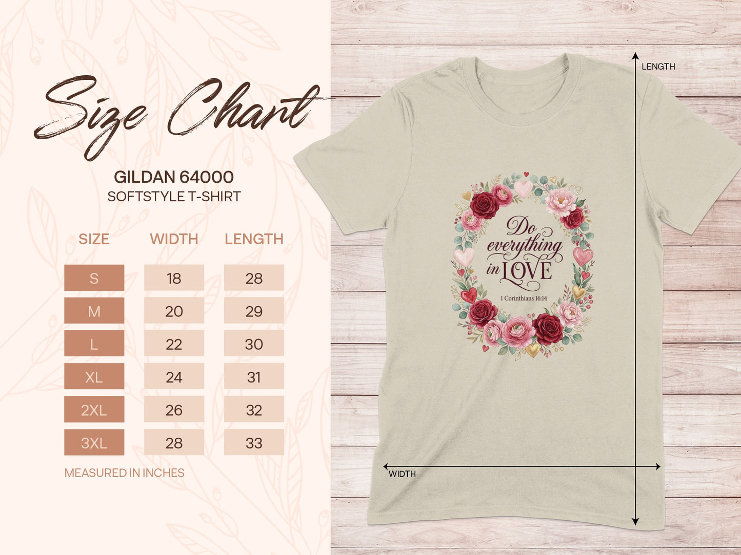 Gildan 64000 softstyle t-shirt size chart with measurements.