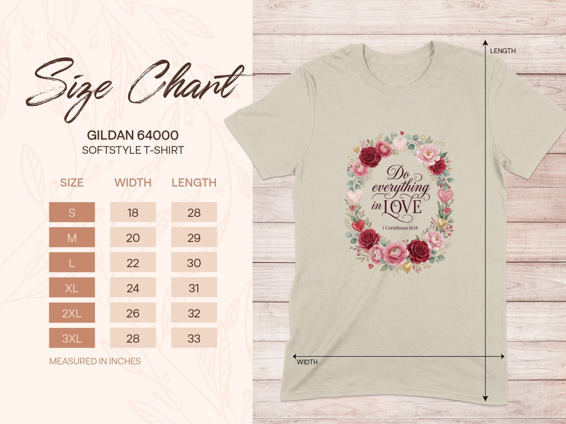 Gildan 64000 softstyle t-shirt size chart with measurements.