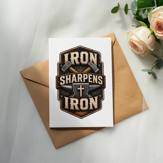 Card with "Iron Sharpens Iron" text, anvil, cross, hammers, and envelope.