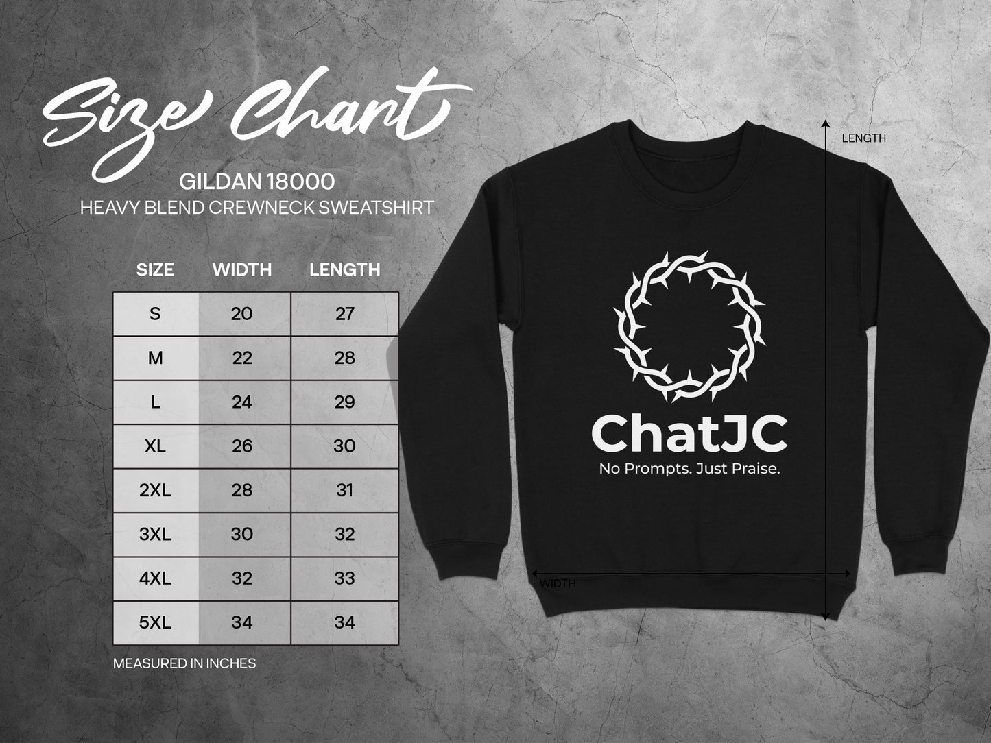 Gildan 18000 sweatshirt size chart with width and length measurements.