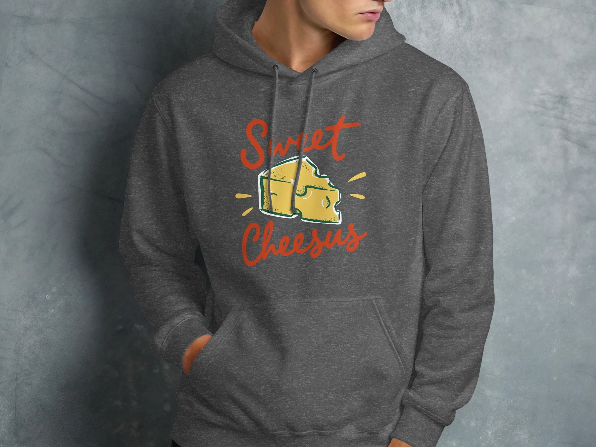 Dark grey hoodie with "Sweet Cheesus" text and cheese graphic.
