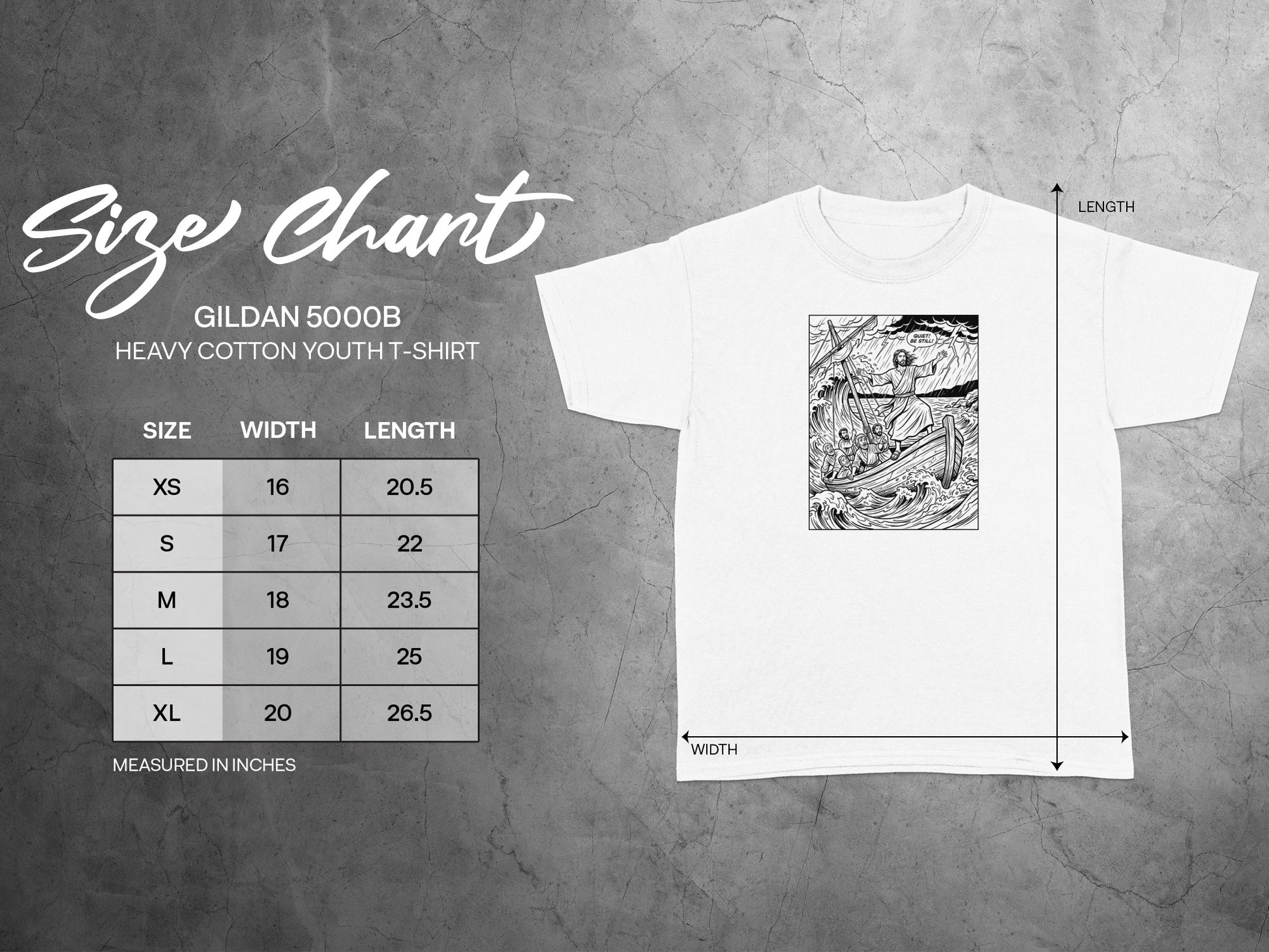 Gildan 5000B youth t-shirt size chart showing width and length measurements in inches.