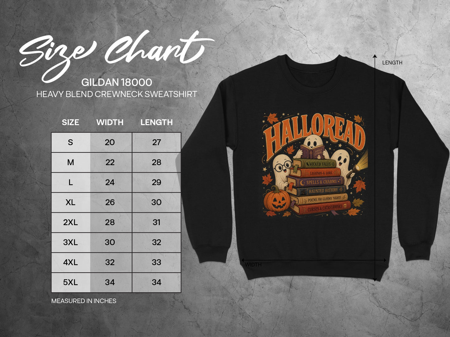 Gildan 18000 Heavy Blend Crewneck Sweatshirt size chart with ghost Halloween graphic.