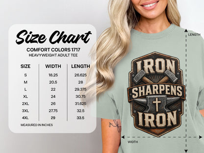 Comfort Colors 1717 heavyweight adult tee size chart with "Iron Sharpens Iron" graphic.