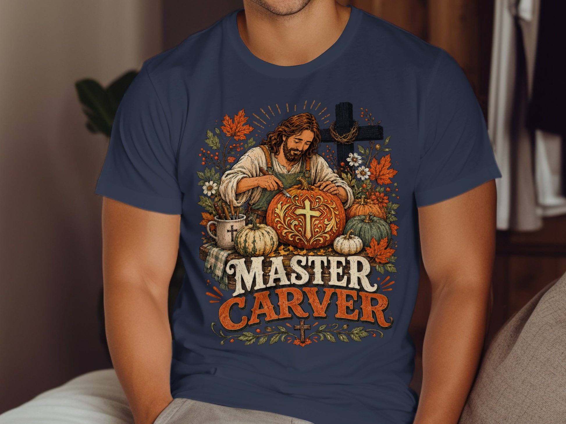 Jesus carving a pumpkin surrounded by autumn foliage and flowers.