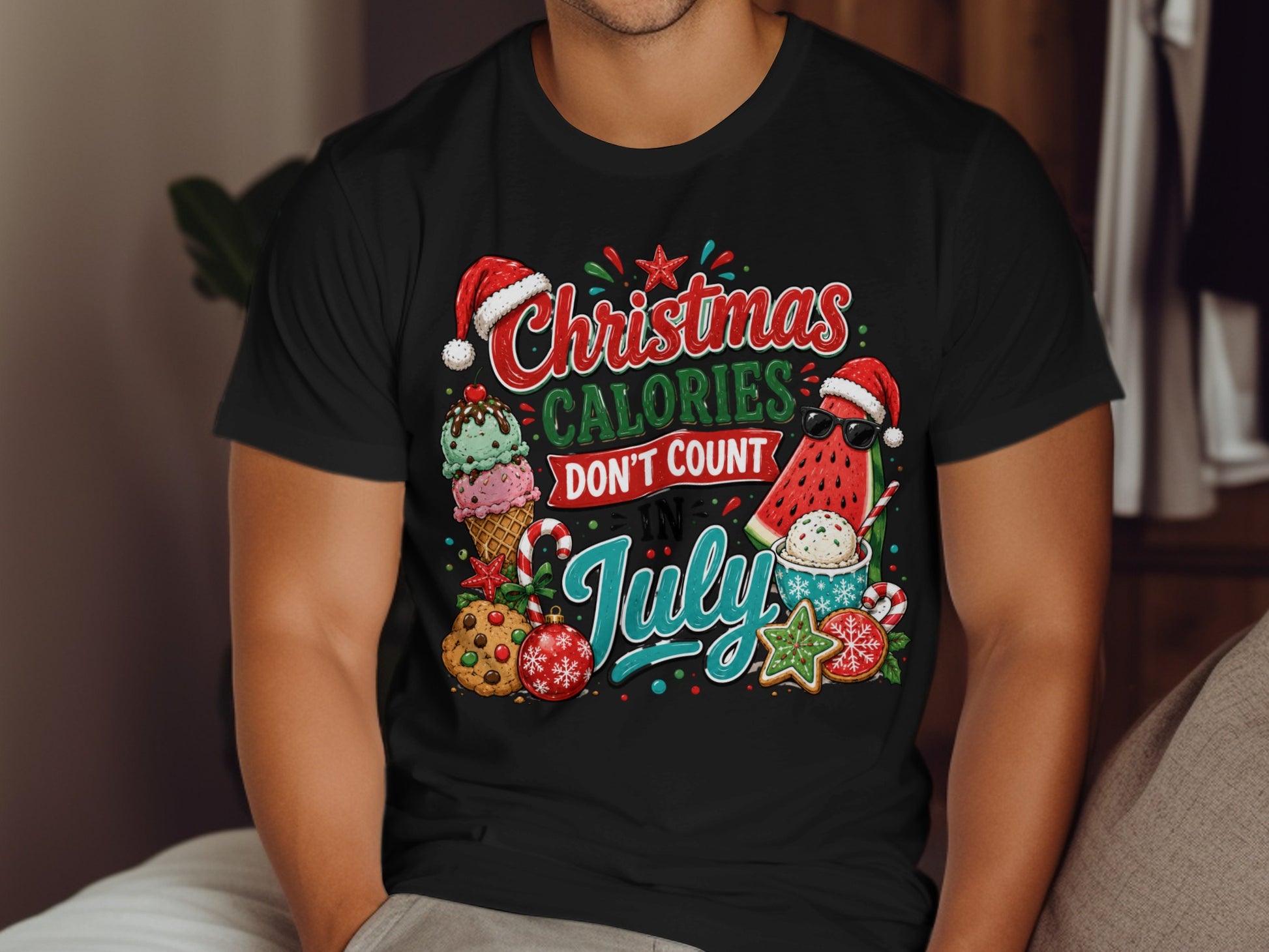 Christmas Calories Don't Count in July graphic with ice cream, cookies, and festive accents.