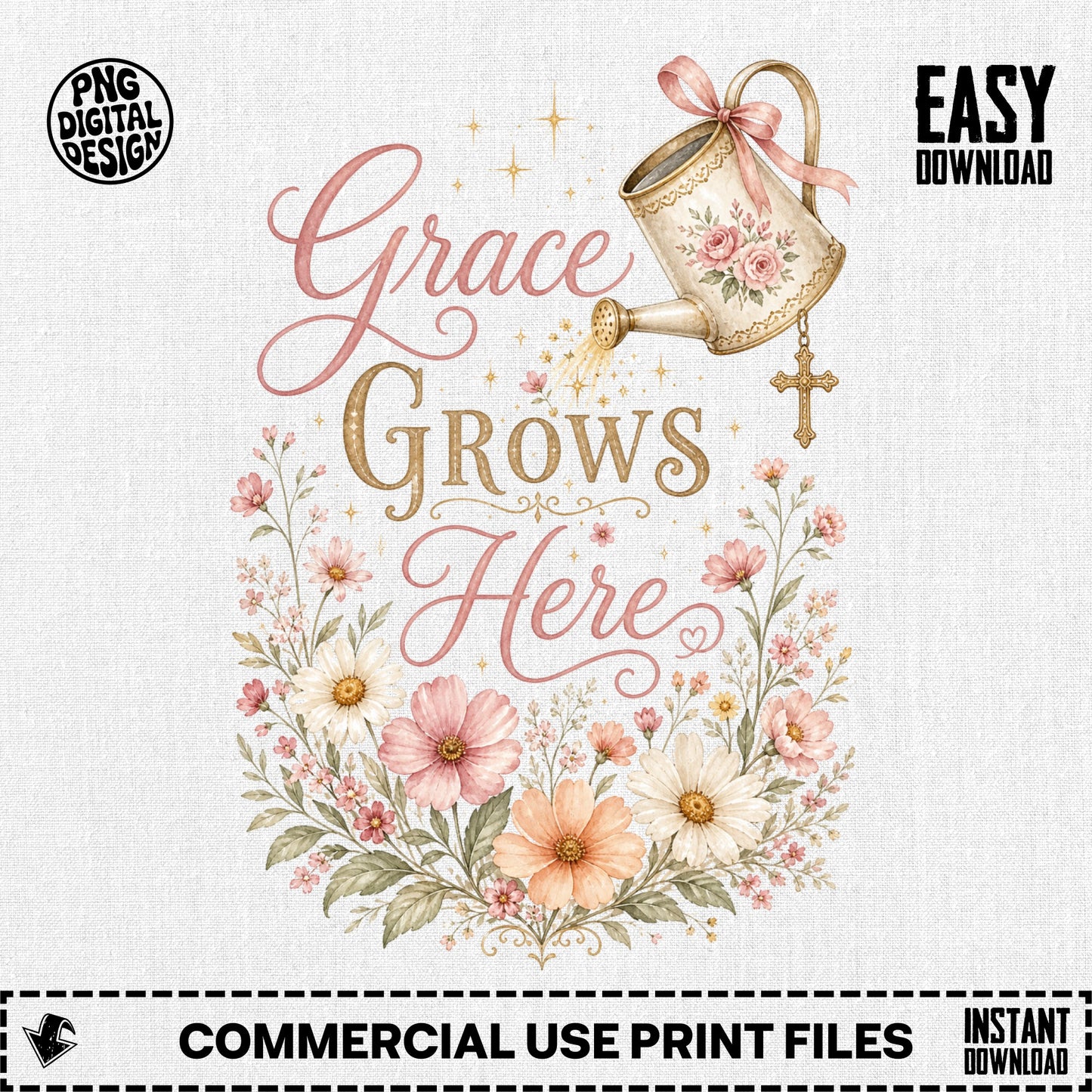Watercolor watering can with pink flowers, cross, and text "Grace Grows Here".