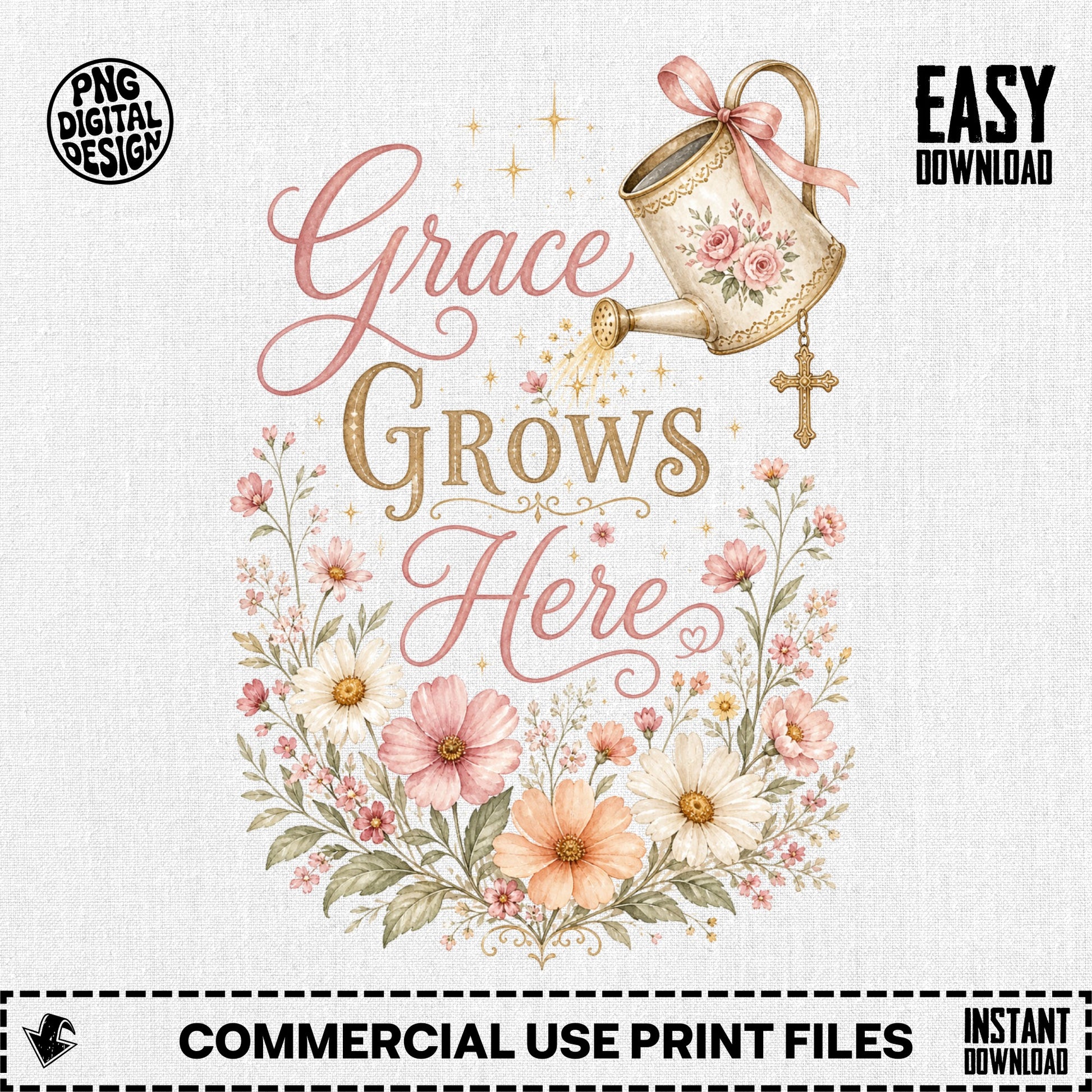 Watercolor watering can with pink flowers, cross, and text "Grace Grows Here".