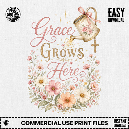 Watercolor watering can with pink flowers, cross, and text "Grace Grows Here".