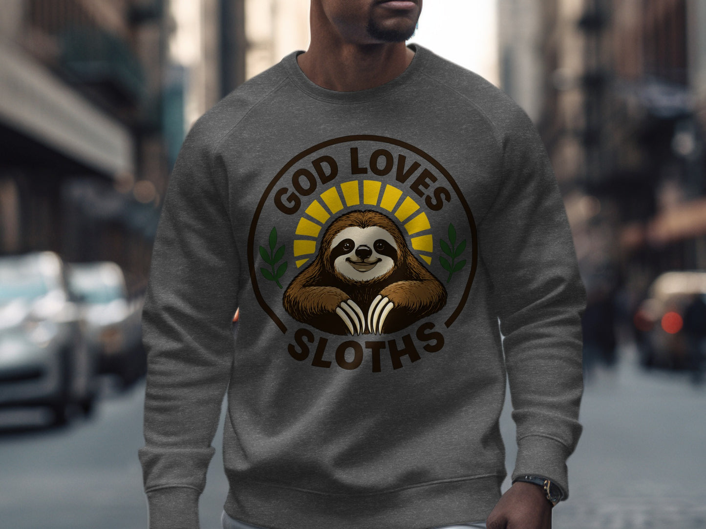 Gray sweatshirt with a round graphic of a smiling sloth and "GOD LOVES SLOTHS" text.