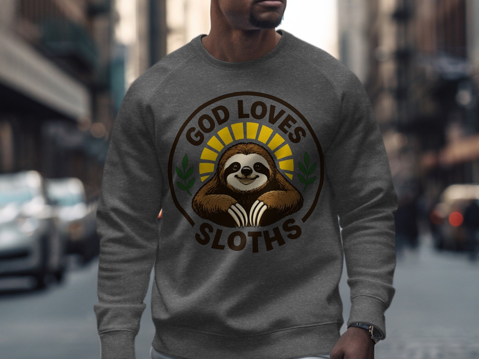Gray sweatshirt with a round graphic of a smiling sloth and "GOD LOVES SLOTHS" text.