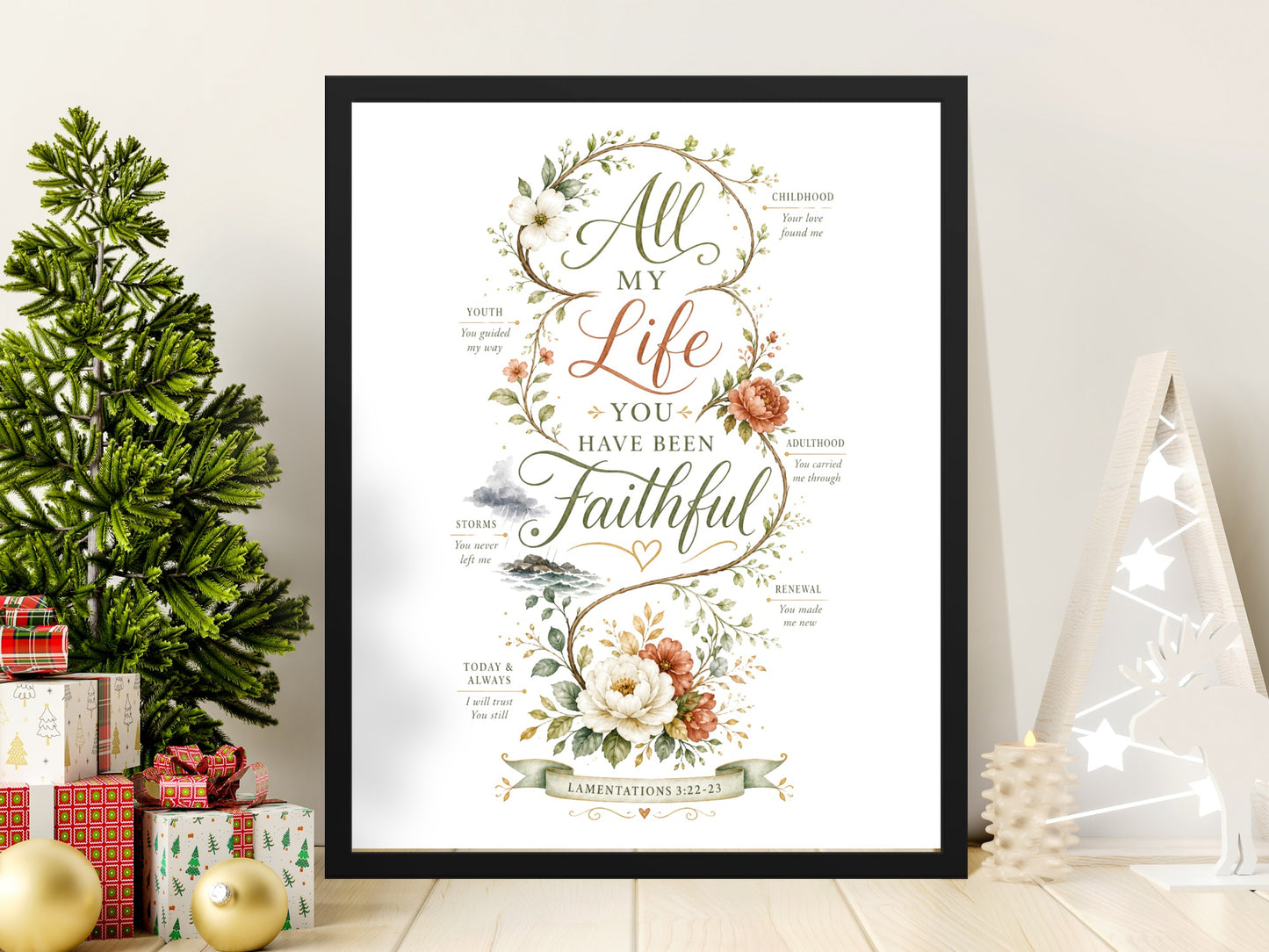 All My Life You Have Been Faithful text with floral accents and scripture.