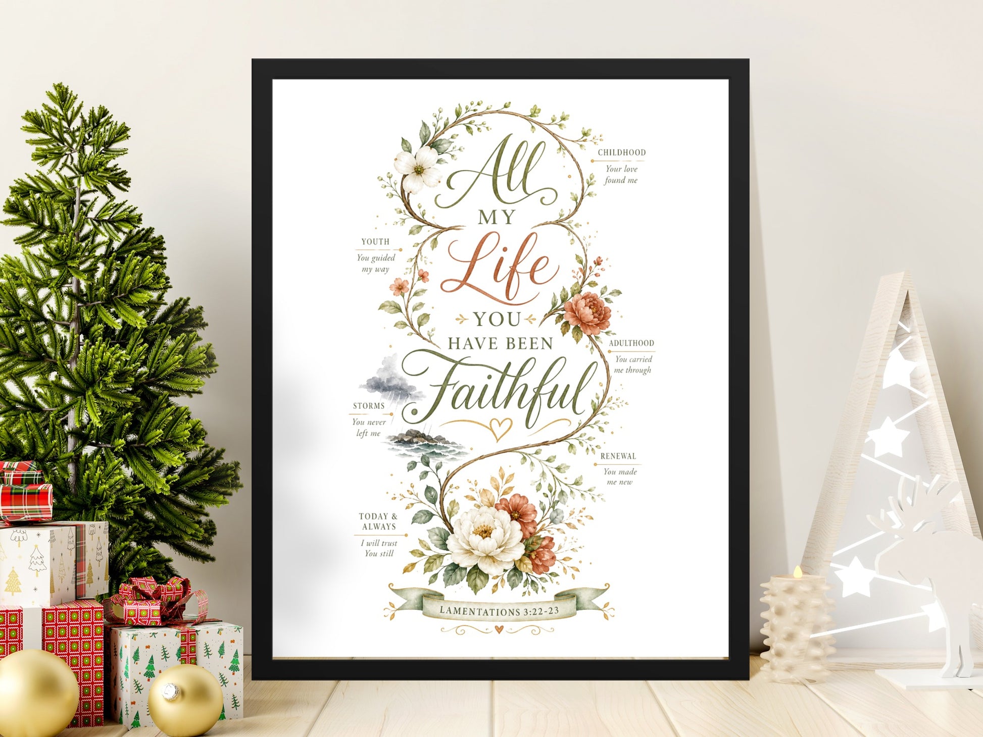 All My Life You Have Been Faithful text with floral accents and scripture.
