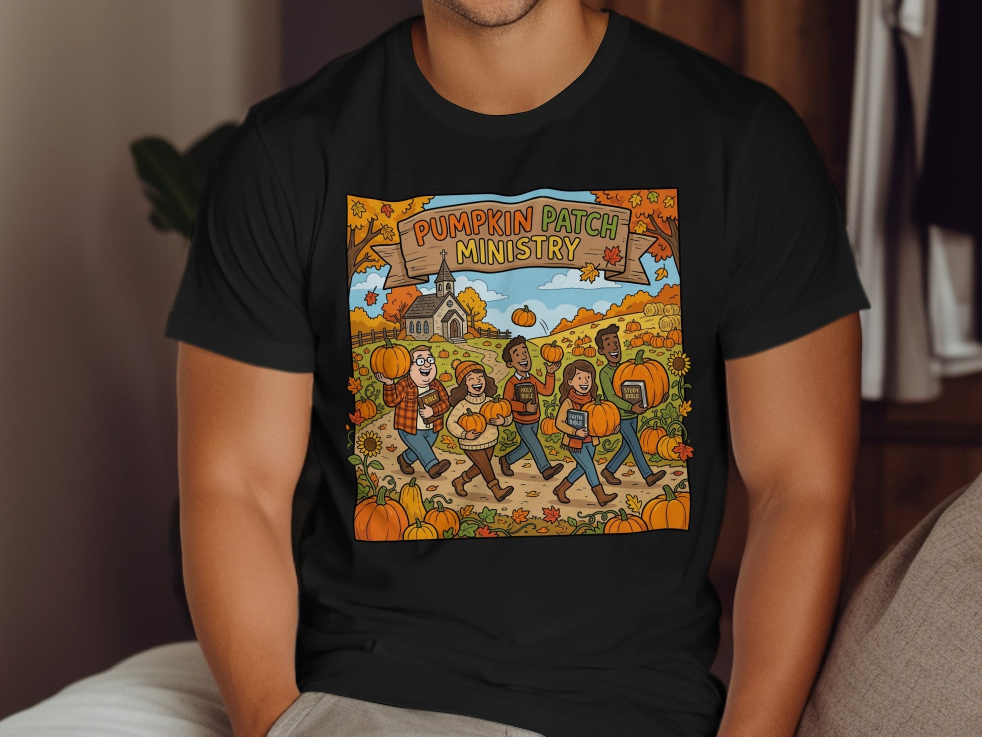 People walk through a pumpkin patch toward a church, a "Pumpkin Patch Ministry" banner overhead.