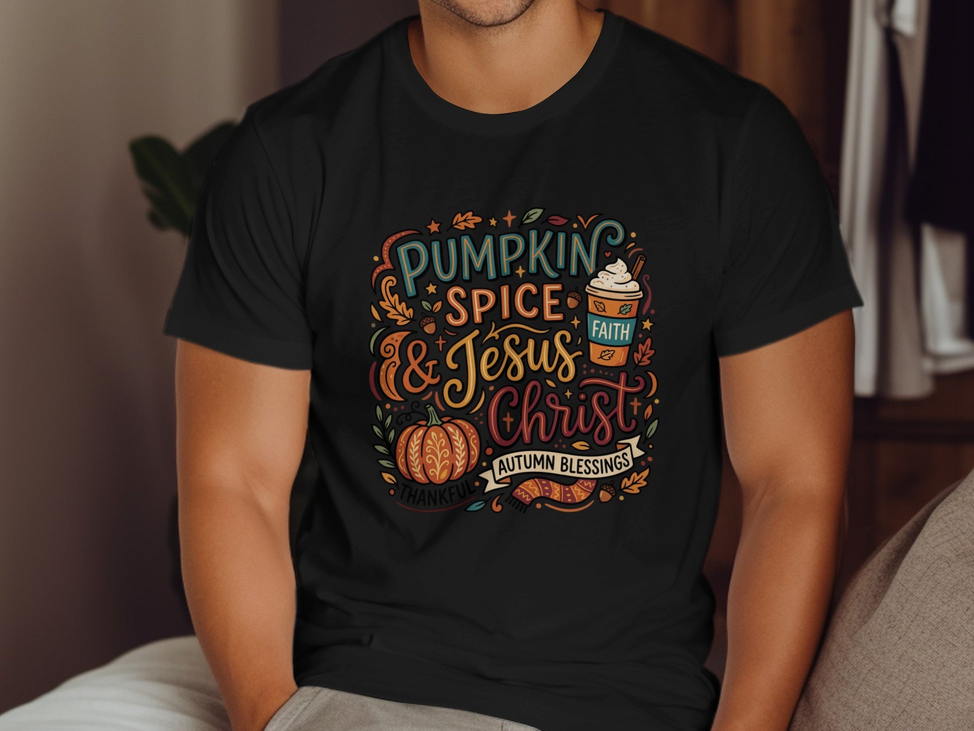 Black t-shirt with "Pumpkin Spice & Jesus Christ" autumn blessings design.