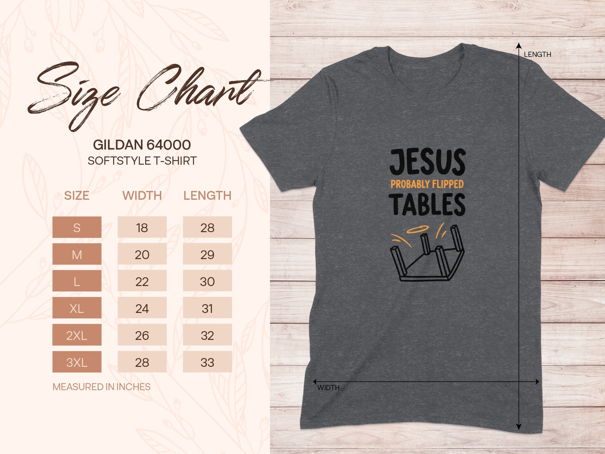 T-shirt size chart with "Jesus Probably Flipped Tables" graphic.