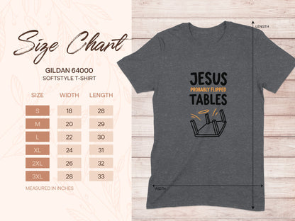 T-shirt size chart with "Jesus Probably Flipped Tables" graphic.