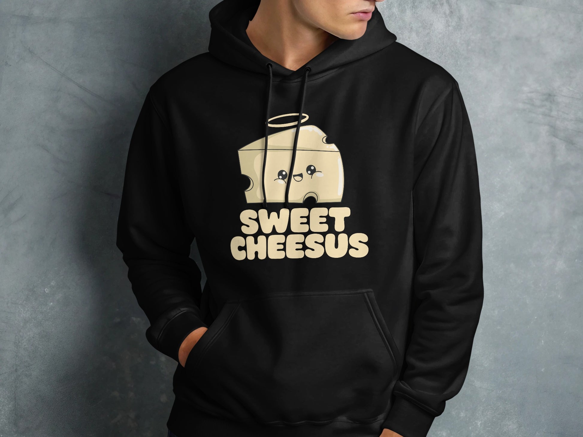 Black hoodie with "Sweet Cheesus" text and cartoon cheese slice graphic.