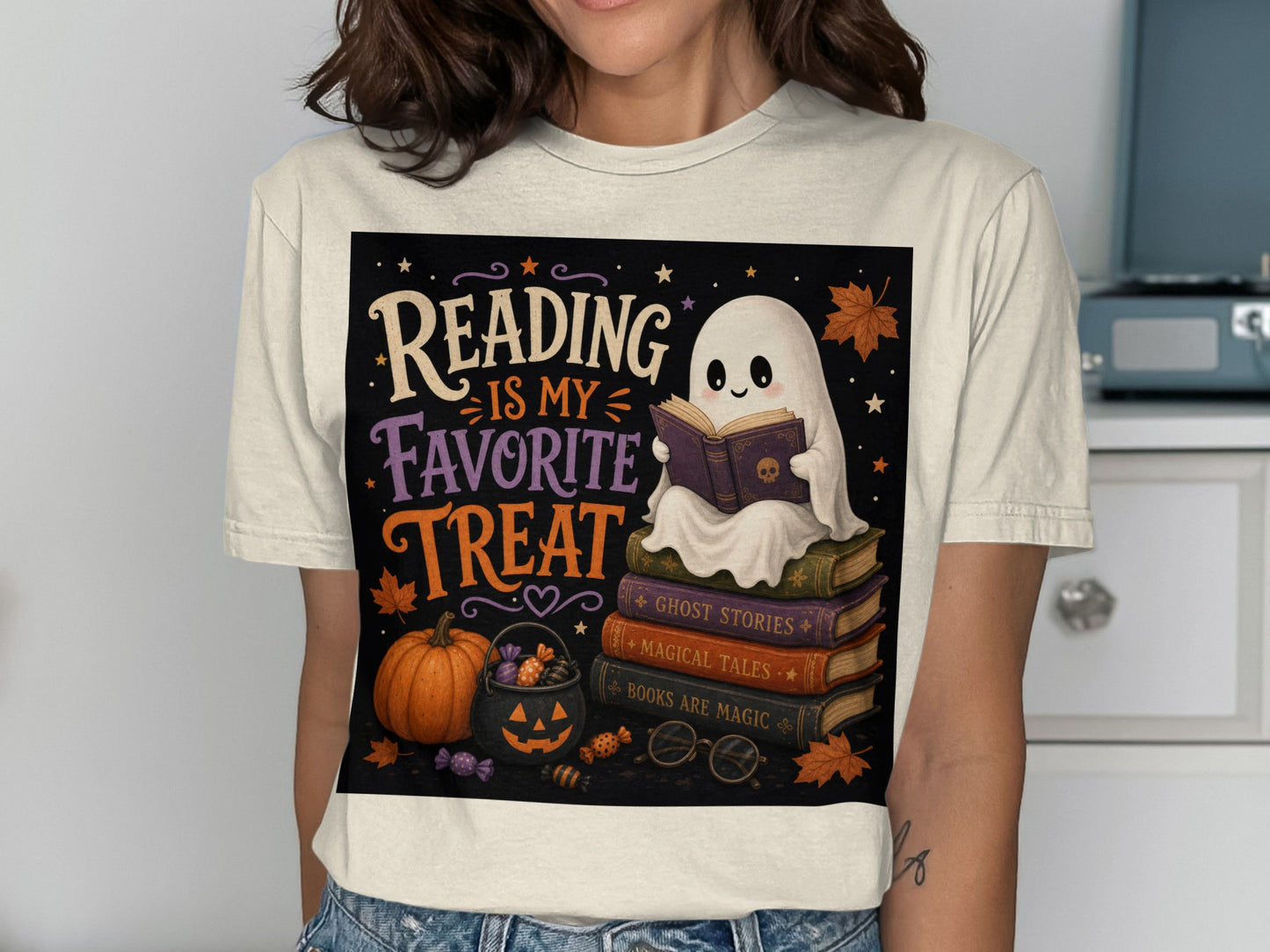 Ghost reading books with "Reading Is My Favorite Treat" text, pumpkin, and candy.