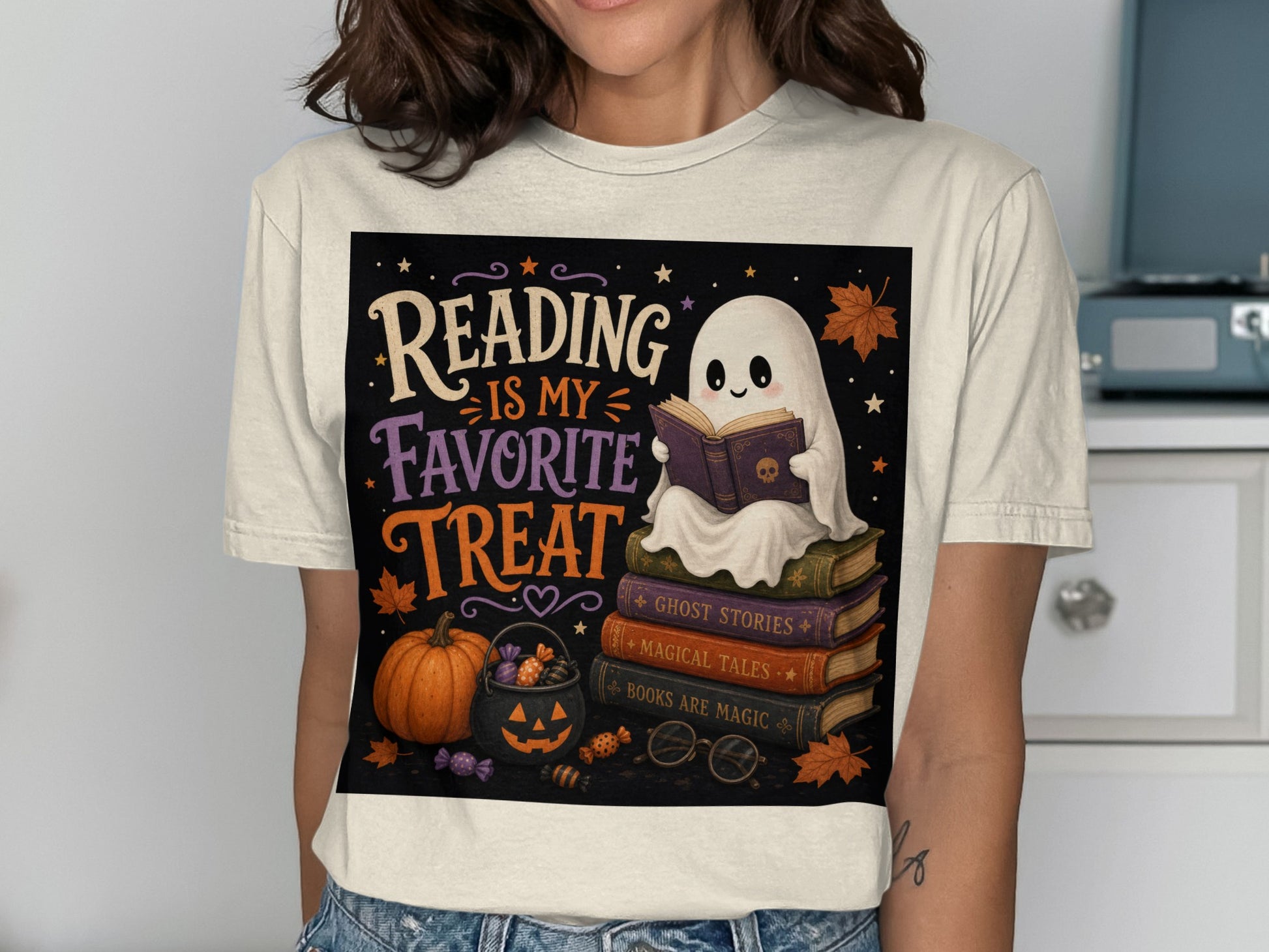 Ghost reading books with "Reading Is My Favorite Treat" text, pumpkin, and candy.
