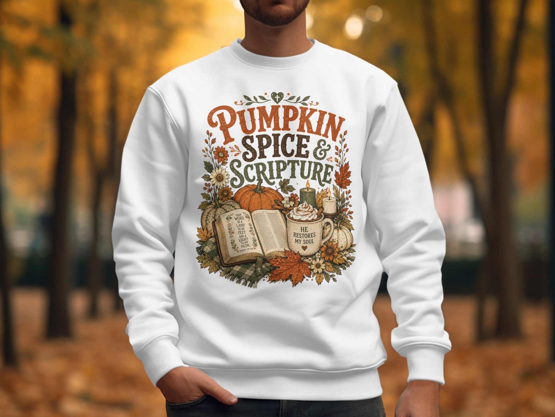 White sweatshirt with "Pumpkin Spice & Scripture" and Psalm 119:105 design.