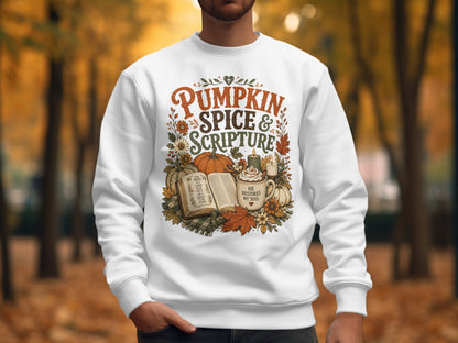 White sweatshirt with "Pumpkin Spice & Scripture" and Psalm 119:105 design.
