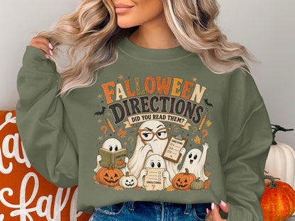 Halloween graphic with ghosts, pumpkins, and text "Falloween Directions Did You Read Them?".