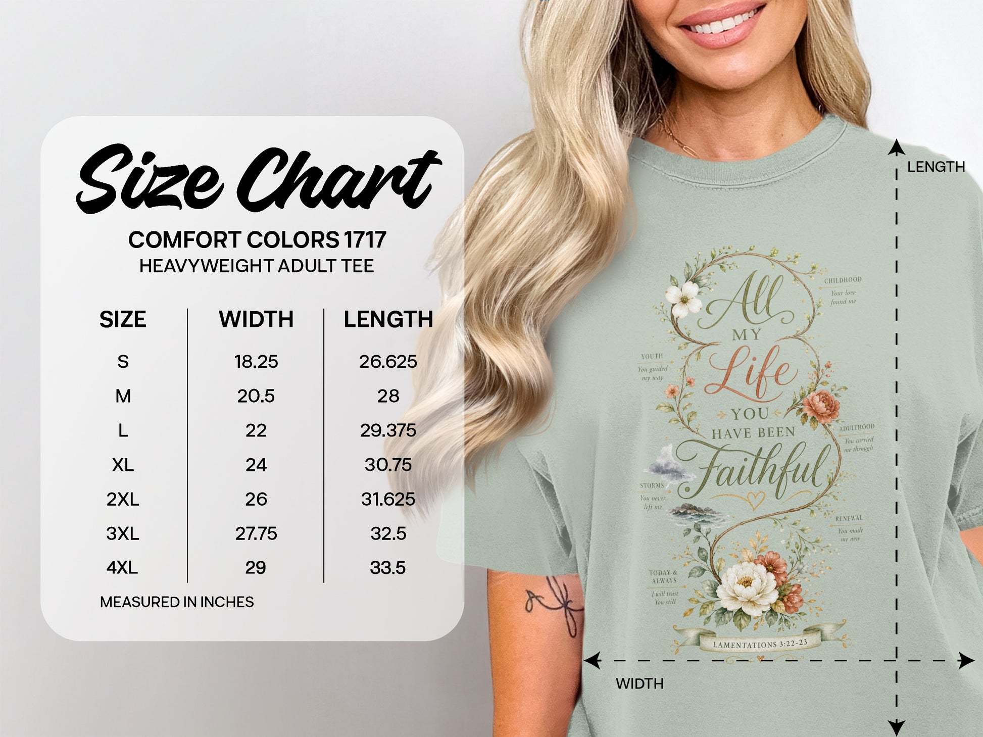 Comfort Colors 1717 size chart for heavyweight adult tee with shirt graphic.