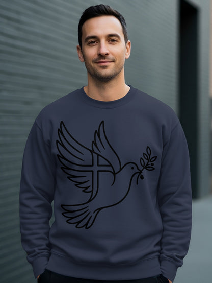 Navy sweatshirt with a black dove and olive branch design.