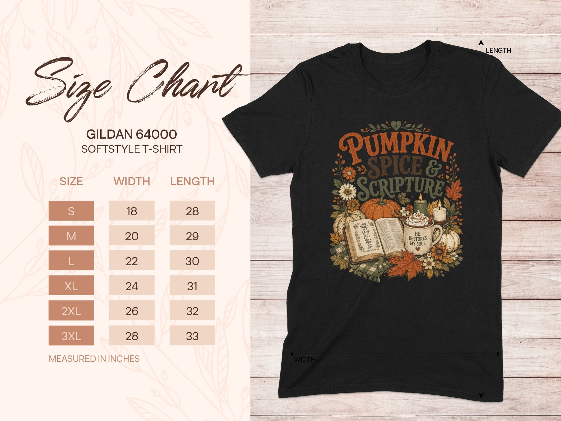 Gildan 64000 size chart for a t-shirt with "Pumpkin Spice & Scripture" design.