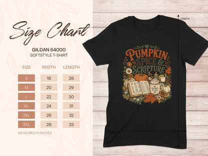 Gildan 64000 size chart for a t-shirt with "Pumpkin Spice & Scripture" design.