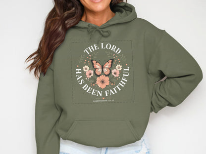 Green hoodie with "The Lord Has Been Faithful" and butterfly design.
