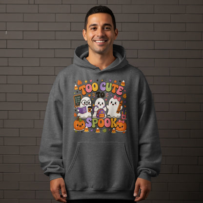 Graphic of three cute ghosts, pumpkins, and text "Too Cute to Spook".