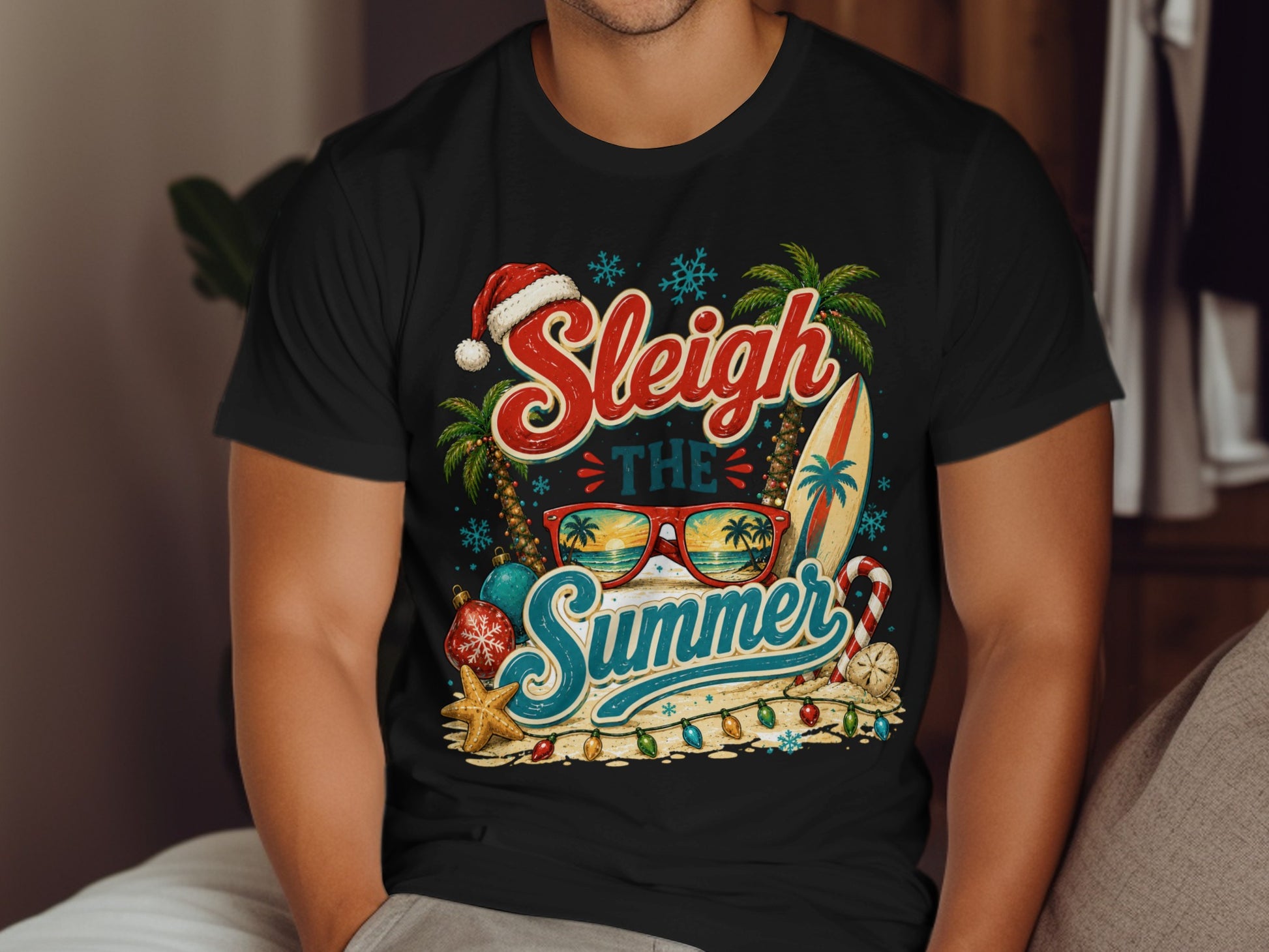 Black t-shirt with "Sleigh the Summer" text and beach holiday graphics.