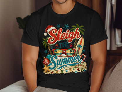 Black t-shirt with "Sleigh the Summer" text and beach holiday graphics.